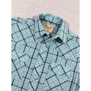 Wrangler Western Shirt Mens Small Blue Black Plaid Pearl Snap Short Sleeve